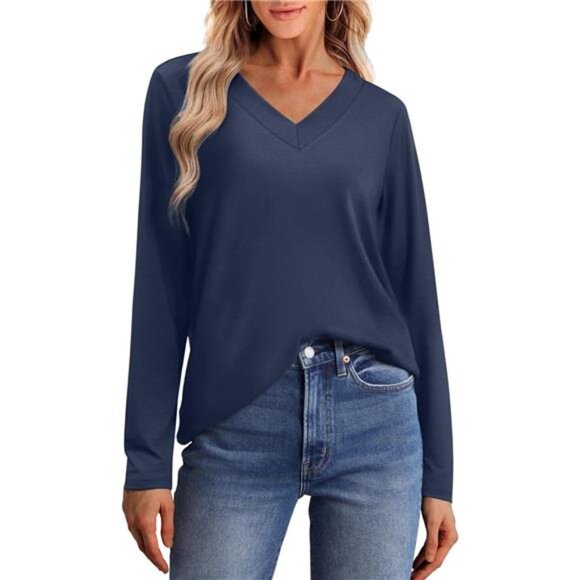 Women's Long Sleeve T-Shirts - Casual V Neck Tunic Tops - Picture 1 of 6